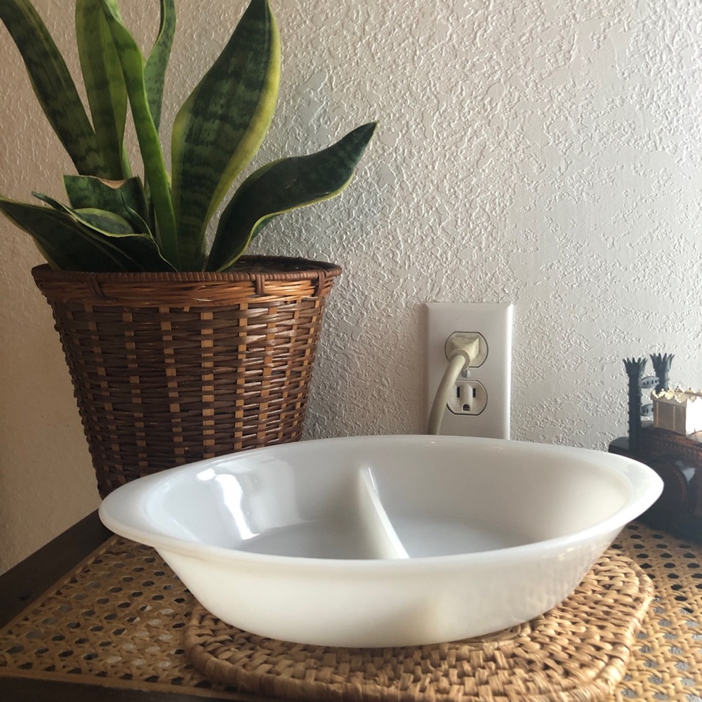 Vintage Glasbake Oval Divided Casserole White USA J2352